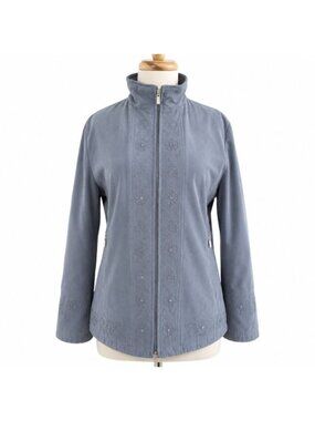 London Fog Blue Gray Embroidered Faux Suede Zip Jacket Insulated Women's Small